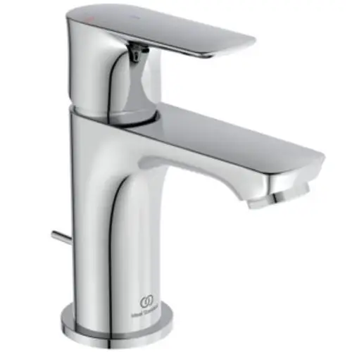 Moderne chromfarbene Einhebelarmatur von Ideal Standard mit flachem, rechteckigem Auslauf und seitlichem Hebel zur Temperaturregelung.
